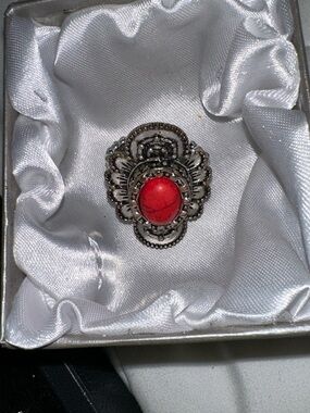 Silver Ornate Ring with Red Stone